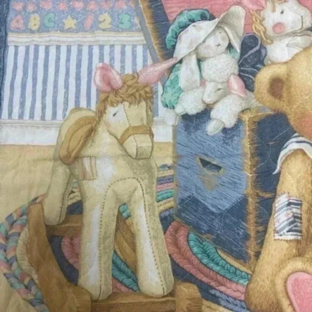 Vtg Teddy Beddy Bear Crib Comforter Baby Blanket Pink And Blue w/ Ruffle 34x45 - Picture 6 of 6